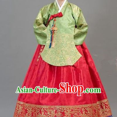 Traditional Korean Handmade Formal Occasions Costume Embroidered Green Blouse and Red Dress Hanbok Clothing for Women