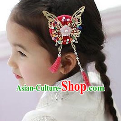 Traditional Korean Hair Accessories Red Butterfly Tassel Hair Clasp, Asian Korean Fashion Headwear Headband for Kids