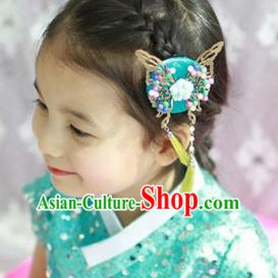 Traditional Korean Hair Accessories Green Butterfly Tassel Hair Clasp, Asian Korean Fashion Headwear Headband for Kids