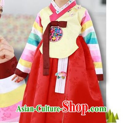 Traditional Korean Handmade Formal Occasions Costume Baby Princess Embroidered Yellow Blouse and Red Dress Hanbok Clothing for Girls