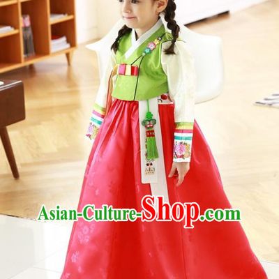 Traditional Korean Handmade Formal Occasions Costume Baby Princess Embroidered Green Blouse and Red Dress Hanbok Clothing for Girls