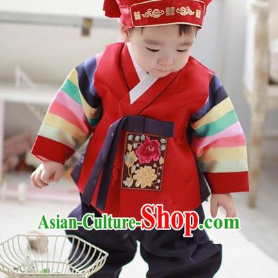 Asian Korean Traditional Handmade Formal Occasions Costume Baby Prince Embroidered Red Hanbok Clothing for Boys