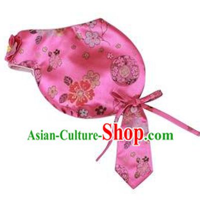 Traditional Korean Hair Accessories Bride Pink Brocade Hats, Asian Korean Fashion Wedding Headwear for Kids