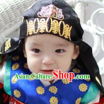 Traditional Korean Hair Accessories Black Embroidered Hats, Asian Korean Fashion Headwear for Boys