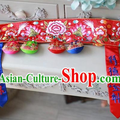 Traditional Korean Accessories Embroidered Red Waist Belts, Asian Korean Fashion Wedding Tassel Waistband Decorations for Kids