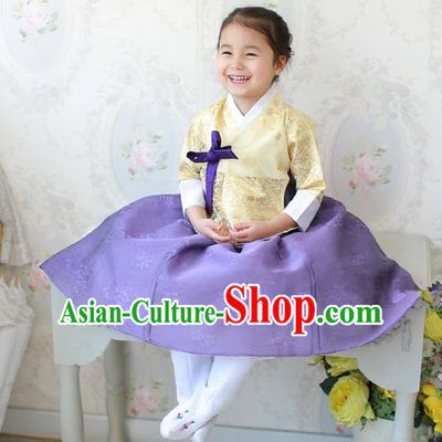 Asian Korean National Traditional Handmade Formal Occasions Costume, Palace Wedding Embroidered Purple Hanbok Clothing for Girls
