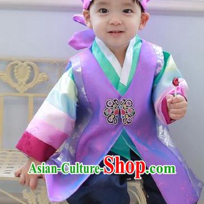 Asian Korean National Traditional Handmade Formal Occasions Costume, Palace Boys Brithday Embroidered Purple Hanbok Clothing for Kids