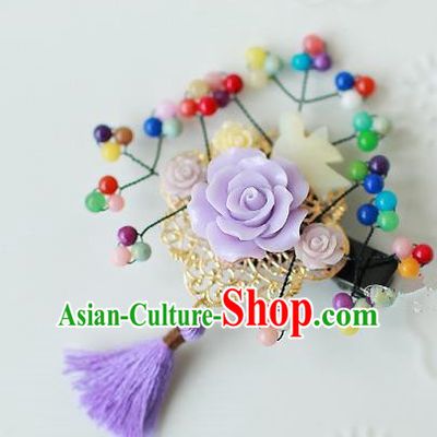 Traditional Korean Hair Accessories Purple Flowers Hair Stick, Asian Korean Hanbok Fashion Headwear Wedding Tassel Hair Claw for Kids