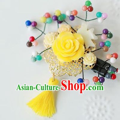 Traditional Korean Hair Accessories Yellow Flowers Hair Stick, Asian Korean Hanbok Fashion Headwear Wedding Tassel Hair Claw for Kids