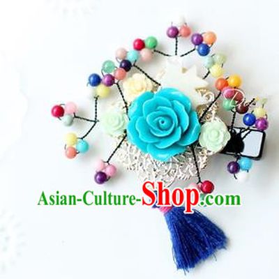 Traditional Korean Hair Accessories Blue Flowers Hair Stick, Asian Korean Hanbok Fashion Headwear Wedding Tassel Hair Claw for Kids