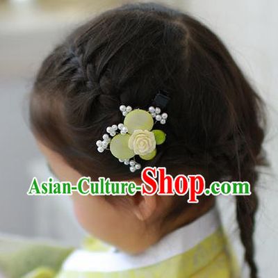 Traditional Korean Hair Accessories Green Rose Butterfly Hair Stick, Asian Korean Hanbok Fashion Headwear Hair Claw for Kids