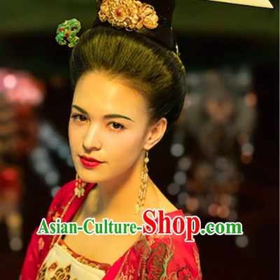 Ancient China Tang Dynasty Empress Beauty Yang Guifei Black Wig and Hair Jewelry