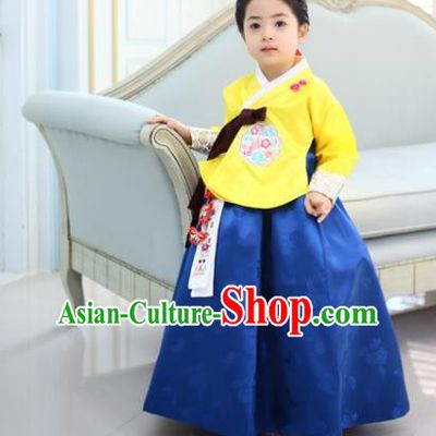 Asian Korean Traditional Handmade Formal Occasions Costume Princess Yellow Embroidered Blouse and Blue Dress Hanbok Clothing for Girls