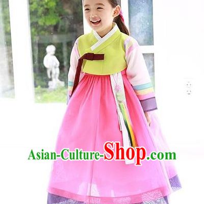 Asian Korean Traditional Handmade Formal Occasions Costume Princess Green Embroidered Blouse and Pink Dress Hanbok Clothing for Girls