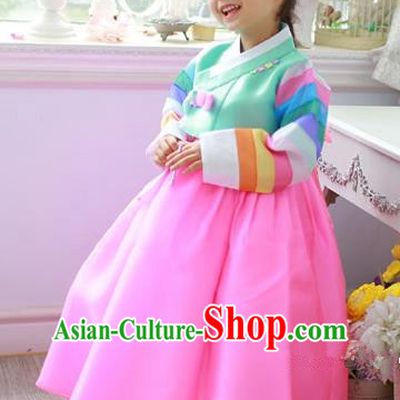 Asian Korean Traditional Handmade Formal Occasions Costume Princess Green Embroidered Blouse and Pink Dress Hanbok Clothing for Girls