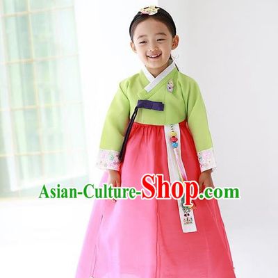 Asian Korean Traditional Handmade Formal Occasions Costume Princess Embroidered Green Blouse and Pink Dress Hanbok Clothing for Girls