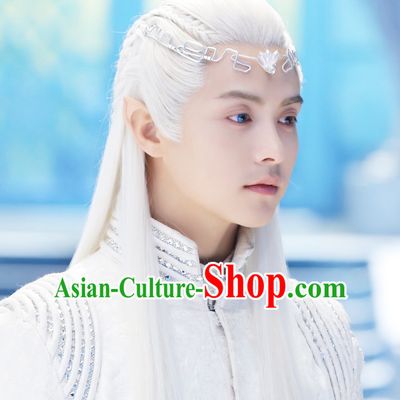 Ancient Chinese Fantasy Drama Style White Long Wigs and Hair Jewelry for Men