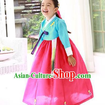 Asian Korean Traditional Handmade Formal Occasions Costume Princess Embroidered Blue Blouse and Red Dress Hanbok Clothing for Girls