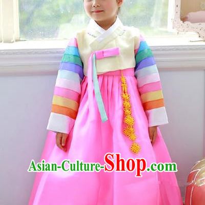 Asian Korean Traditional Handmade Formal Occasions Costume Princess Embroidered Beige Blouse and Pink Dress Hanbok Clothing for Girls