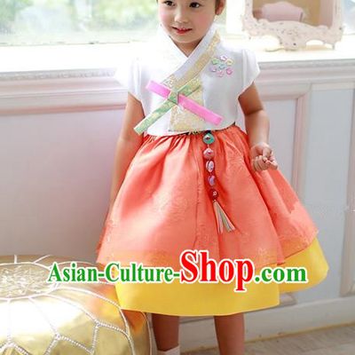 Asian Korean Traditional Handmade Formal Occasions Costume Princess Embroidered White Blouse and Orange Dress Hanbok Clothing for Girls