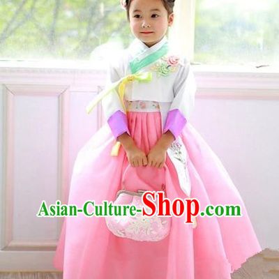 Asian Korean Traditional Handmade Formal Occasions Costume Princess Embroidered White Blouse and Pink Dress Hanbok Clothing for Girls