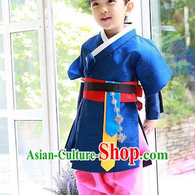 Asian Korean Traditional Handmade Formal Occasions Costume Palace Prince Embroidered Blue Hanbok Clothing for Boys