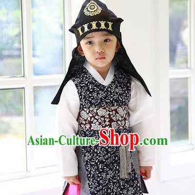 Asian Korean Traditional Handmade Formal Occasions Costume Palace Prince Embroidered Black Hanbok Clothing for Boys