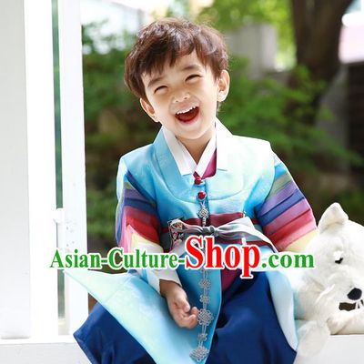 Asian Korean Traditional Handmade Formal Occasions Costume Palace Prince Embroidered Blue Hanbok Clothing for Boys