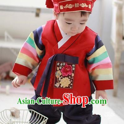 Asian Korean Traditional Handmade Formal Occasions Costume Palace Prince Embroidered Red Hanbok Clothing for Boys