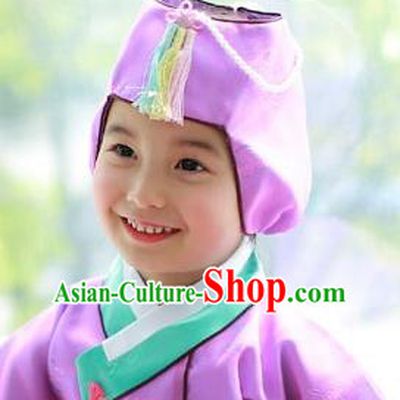 Traditional Korean Hair Accessories Girls Formal Occasions Embroidered Purple Hats, Asian Korean Fashion Headwear for Kids