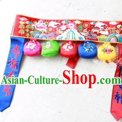 Traditional Korean National Accessories Embroidered Red Waist Belts, Asian Korean Fashion Waistband Decorations for Kids