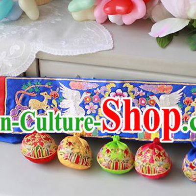 Traditional Korean National Accessories Embroidered Blue Waist Belts, Asian Korean Fashion Waistband Decorations for Kids