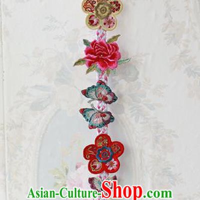 Traditional Korean Accessories Embroidered Butterfly Red Flowers Waist Pendant, Asian Korean Fashion Wedding Tassel Waist Decorations for Women
