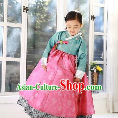 Asian Korean Traditional Handmade Formal Occasions Costume Palace Princess Embroidered Green Blouse and Pink Dress Hanbok Clothing for Girls
