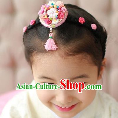 Traditional Korean Hair Accessories Embroidered Pink Flower Hair Clasp, Asian Korean Hanbok Fashion Headwear Headband for Kids
