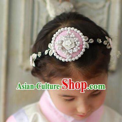 Traditional Korean Hair Accessories Pearls Pink Flower Hair Clasp, Asian Korean Hanbok Fashion Headwear Headband for Kids