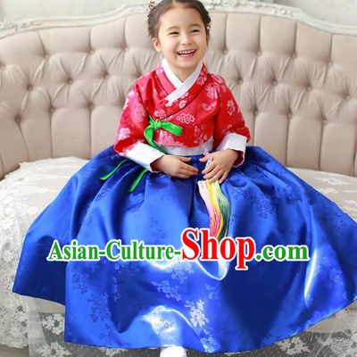 Asian Korean Traditional Handmade Formal Occasions Costume Palace Princess Embroidered Red Blouse and Blue Dress Hanbok Clothing for Girls