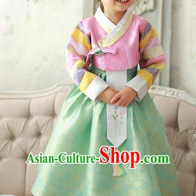 Asian Korean Traditional Handmade Formal Occasions Costume Palace Princess Embroidered Pink Blouse and Green Dress Hanbok Clothing for Girls
