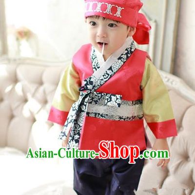 Asian Korean Traditional Handmade Formal Occasions Boys Red Costume Hanbok Clothing for Boys