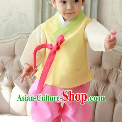 Asian Korean Traditional Handmade Formal Occasions Boys Embroidered Yellow Costume Hanbok Clothing for Boys