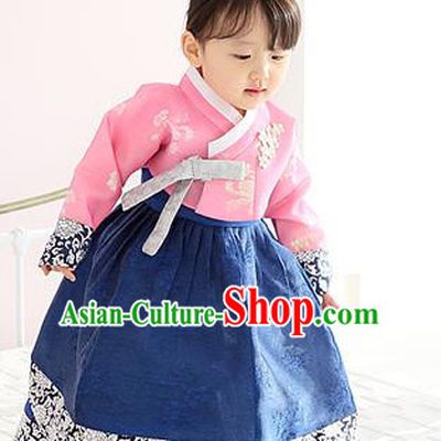 Asian Korean Traditional Handmade Formal Occasions Girls Embroidered Pink Blouse and Blue Dress Costume Hanbok Clothing for Kids