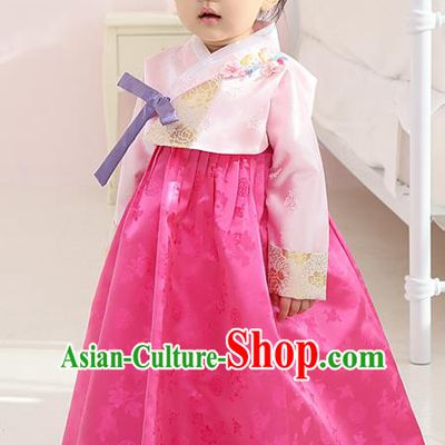 Asian Korean Traditional Handmade Formal Occasions Girls Embroidered Pink Blouse and Rosy Dress Costume Hanbok Clothing for Kids