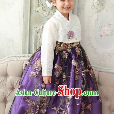 Asian Korean Traditional Handmade Formal Occasions Girls Embroidered White Blouse and Purple Lace Dress Costume Hanbok Clothing for Kids