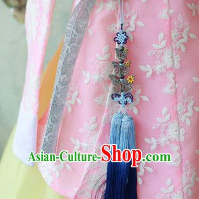 Traditional Korean Accessories Blue Tassel Butterfly Waist Pendant, Asian Korean Fashion Wedding Tassel Waist Decorations for Kids