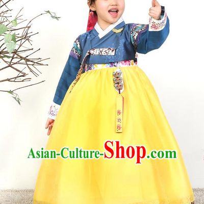 Asian Korean National Traditional Handmade Formal Occasions Girls Embroidered Blue Blouse and Yellow Dress Costume Hanbok Clothing for Kids