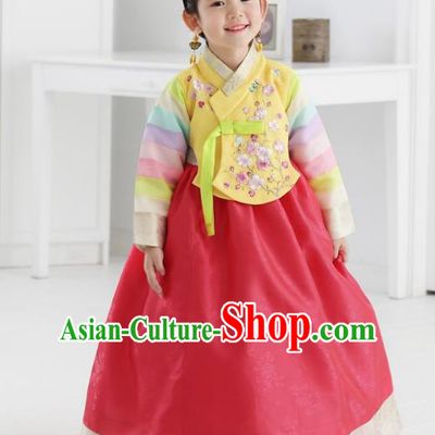 Asian Korean National Traditional Handmade Formal Occasions Girls Embroidered Yellow Blouse and Red Dress Costume Hanbok Clothing for Kids