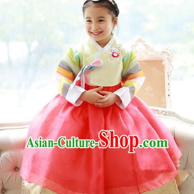 Asian Korean National Traditional Handmade Formal Occasions Girls Embroidered Yellow Blouse and Orange Dress Costume Hanbok Clothing for Kids