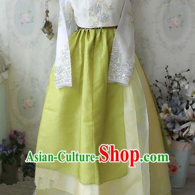 Asian Korean National Traditional Handmade Formal Occasions Embroidered White Blouse and Yellow Dress Costume Wedding Hanbok Clothing for Women