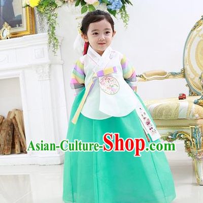 Asian Korean National Traditional Handmade Formal Occasions Embroidered White Blouse and Green Dress Costume Wedding Hanbok Clothing for Girls