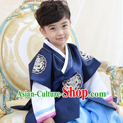Asian Korean National Traditional Handmade Formal Occasions Embroidered Thronfolger Costume Wedding Deep Blue Hanbok Clothing for Boys